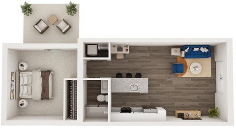 A top-down view of a small apartment with a bedroom, living room, and kitchen.